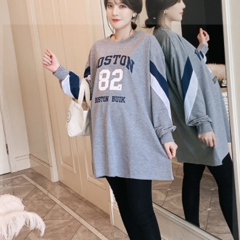 ロゴ入りマタニティロングTシャツ トップス シャツ ロング 長袖 ラウンドネック お得 マタニティ