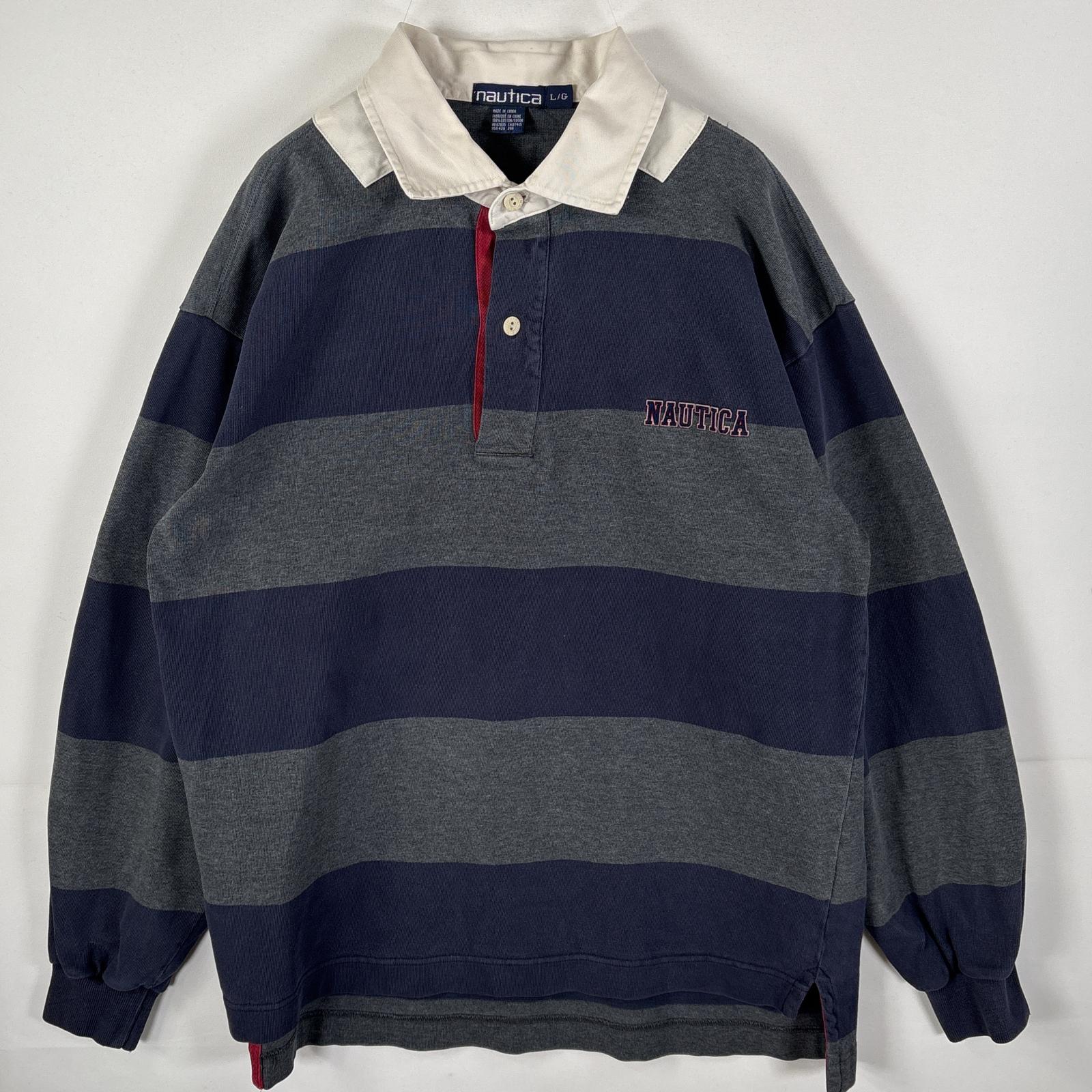 古着 90s/90年代 長袖 ラガーシャツ ロゴワッペン グレー ネイビー ボーダー メンズ