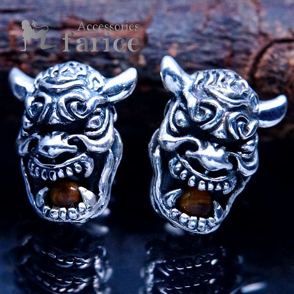 シルバーアクセサリー スタッド ピアス デビル 悪魔 鬼 牙 天然石 タイガーアイ メンズ シルバー925
