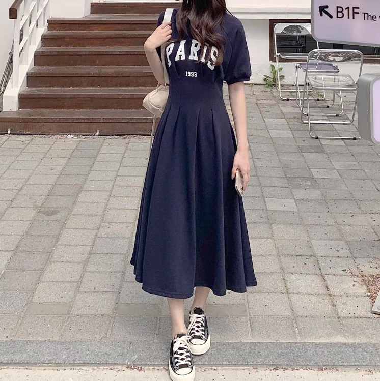 レディース トップス Tシャツ フレア ロング 半袖 ラウンドネック Aライン フェミニン ストリート プリーツ タック タックプリーツ ハイウエスト ヴィンテージ アメカジ 切り替えデザイン