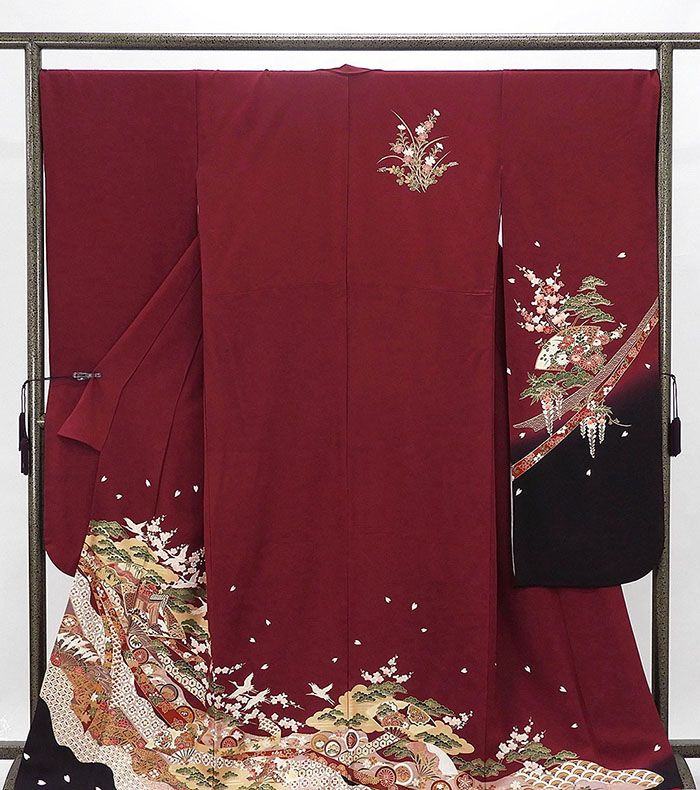 振袖 正絹 吉祥舞鶴御所車模様 身丈167.5cm 裄丈67.5cm 振袖 中古 着物 成人式 結婚式 e4038