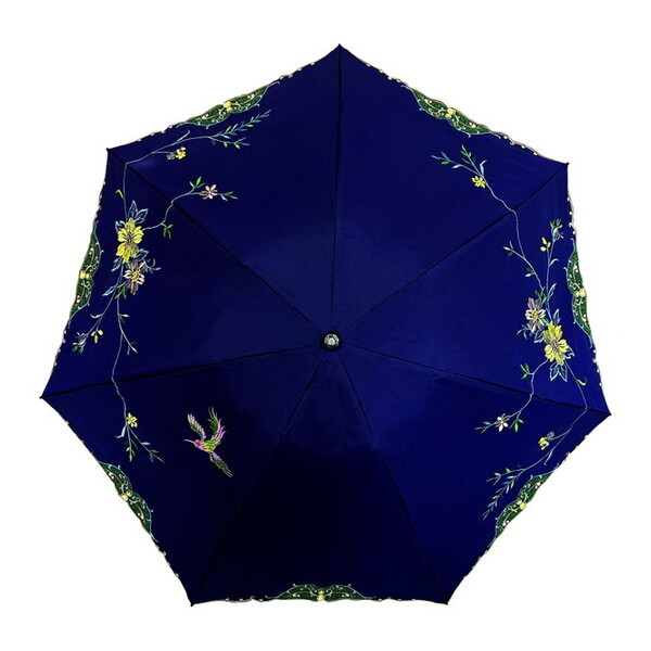 イデオ 花鳥刺繍ミニ折りたたみ日傘 ネイビー