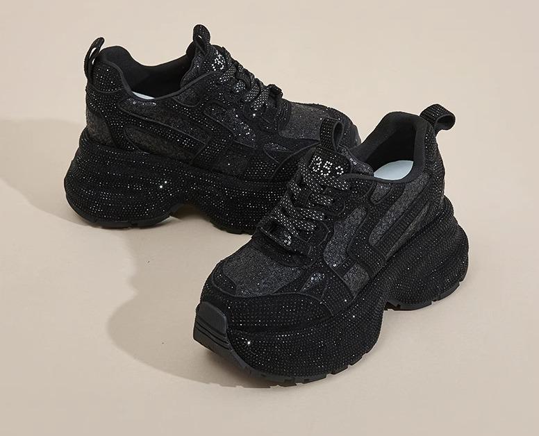 スニーカー レディース メンズ シューズ ラインストーン 厚底 スポーツ ラウンドトゥ 秋冬 グレー ブラック
