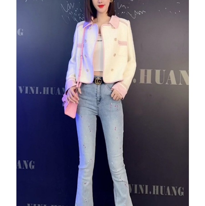 ハイエンドのカスタマイズ-Xiaoxiangfeng フレンチスーツ春の女性の 2024 新しいピンクジャケット気質社交家カジュアル 2 点セット