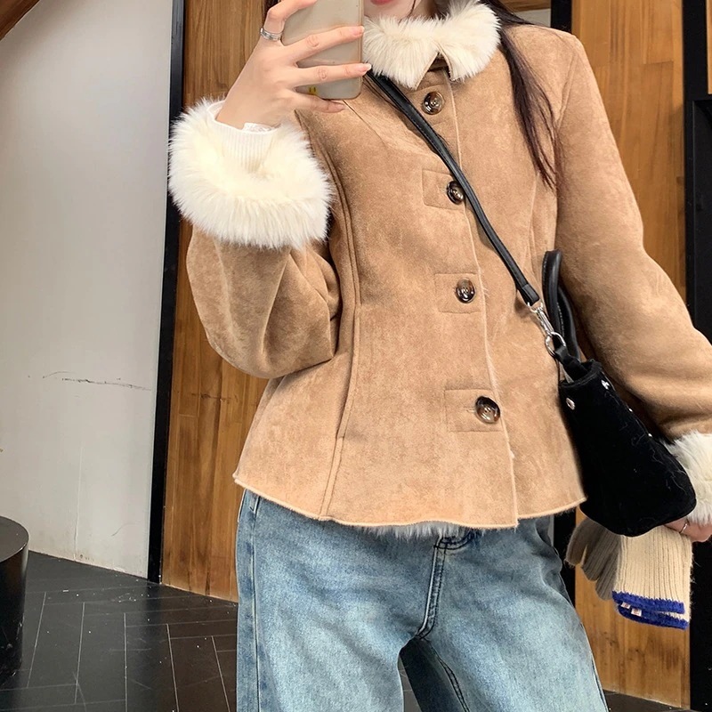 気品デザイントリコットモケットコートカーキ色保温毛皮一体コート女性 4,962円