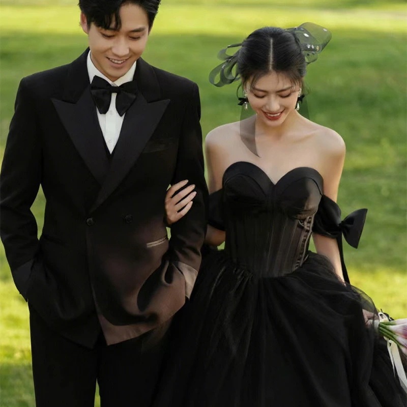 イブイングドレス 黒 オフショルダー フォトウェディング撮影 ウエディングドレス 前撮り ドレス 花嫁かわいい コンサート 礼服 ピアノ演奏会 ドレス 発表会 パーティードレス 結婚式 二次会ドレス