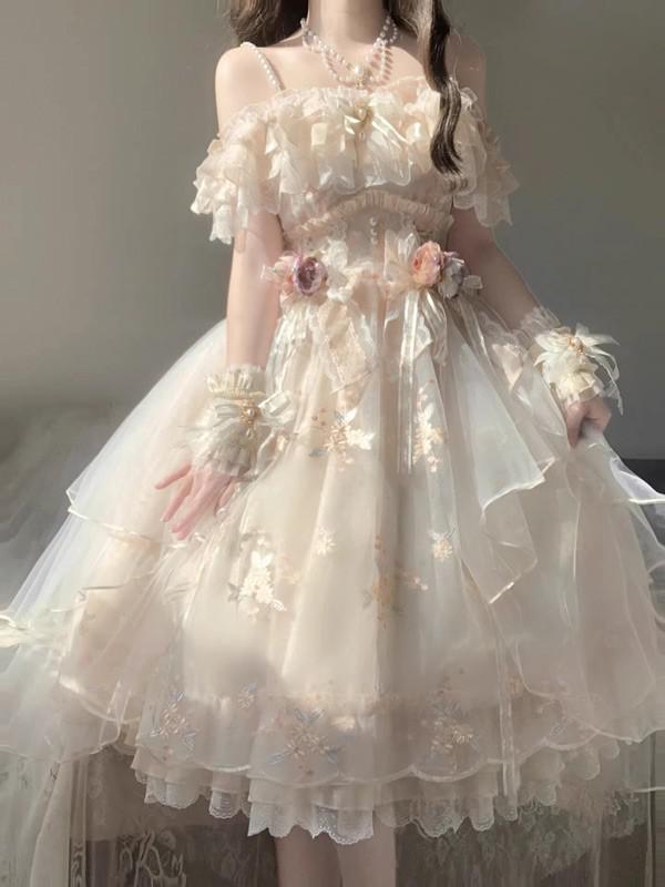 ワンピースドレスプリント柄ワンピロリータワンピース フリル 衣装 パーティ リボン コスチューム コーディネート 肩出し ワンピース 膝丈 ゴスロリ ミモレ丈 イベ ロリィタファッション 仮装