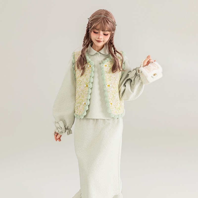 新春スーツスカート24スプリングベストジャケット+ドールカラートップ+aラインスカート