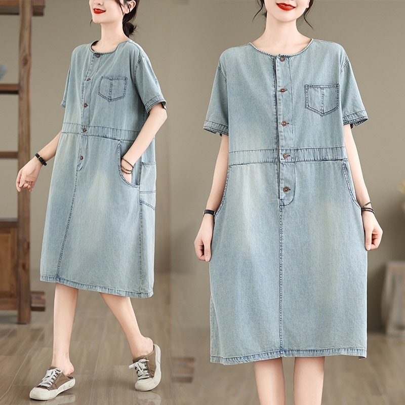 水洗い色ワンピース女性韓国カジュアルファットマミー痩せているポケットデニムロングワンピース 5,502円