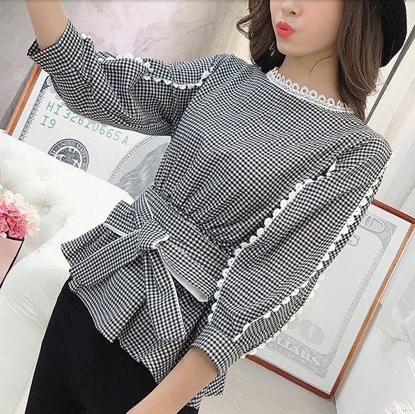 2332.クルーネックぺプラムギンガムチェックリボンベルト七分袖ブラウス(ブラック) 2019 春夏 新作 大人 かわいい カジュアル OL 20代 30代 デート服 女子会 レース ウエスト
