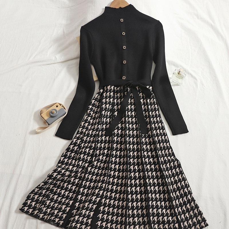 レトロ風 ワンピース 長袖 秋冬 ロング aライン ニット ワンピ ワンピドレス ロング ロング丈 アンクル丈 ミディアム丈 ミドル丈 萌袖 ハイネック フレア セミフレア タイト Aライン 切り替え