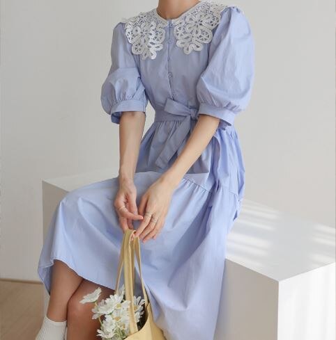 2色 レトロ風 ワンピース 半袖 春夏 きれいめ カジュアル かわいい aライン Aライン フレア ティアード ワンピドレス 膝丈 ひざ丈 膝下 ミモレ ミモレ丈 五分袖 ぽわん袖 パフスリーブ ドー