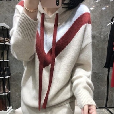 フード付きセーター ホワイト レッド ブルー トップス ニットソー セーター カーディガン スリム 5,057円
