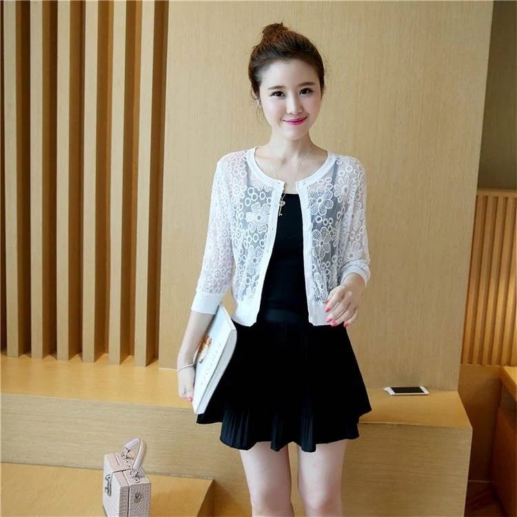 春キャップ特集ト 夏 レース ショール トップス カーディガン 上着 ショート丈 7分袖 襟なし 前開き シースルー 個性的 レディース 大人可愛い きれいめ 上品 お洒落 大人女子 ラブリー セクシ