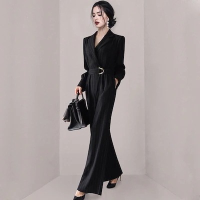 女性2025春OL職業気質ウエストネック ストライプ ほっそり見えるワイドパンツ