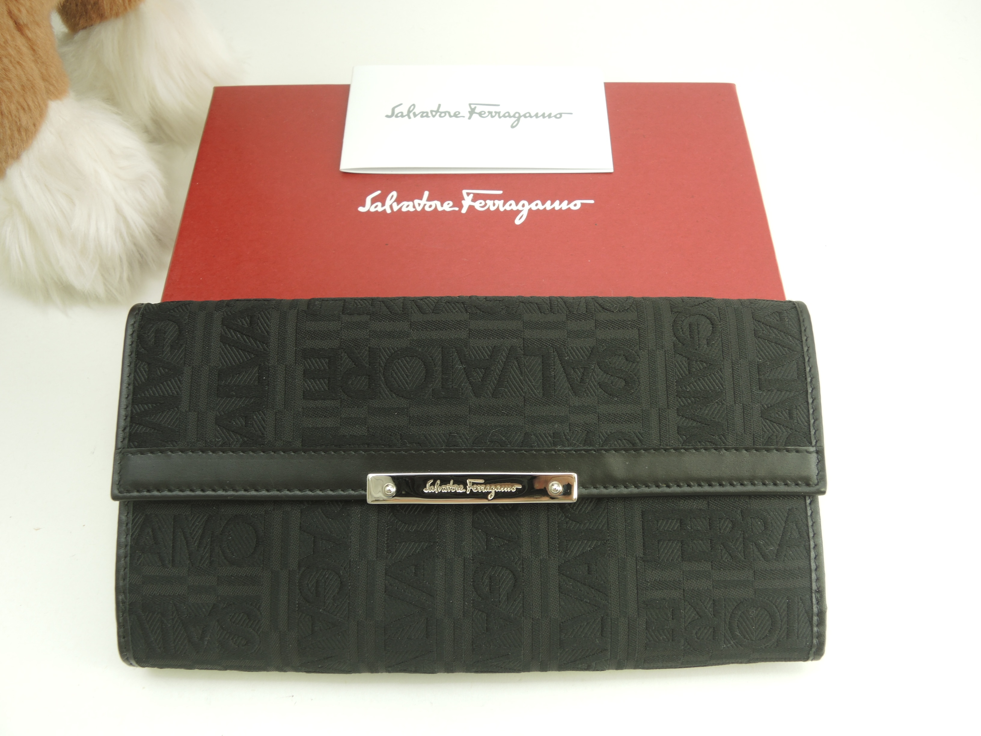 Wホックロングウォレット コットン/レザー黒長財布 新品同様@JV-228249