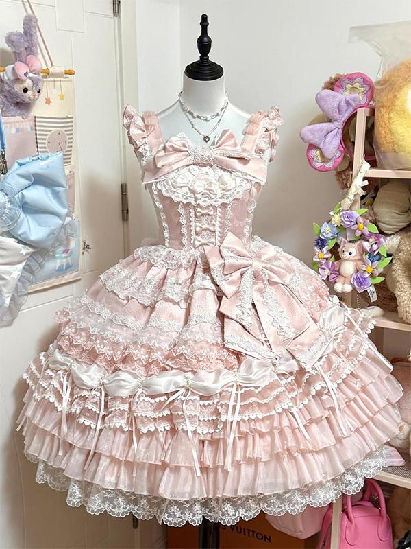 ピンクエッジロリータスカート花結婚式誕生日成人式サスペンダー JSK クリスマスロリータ g 愛の歌かわいいと甘い