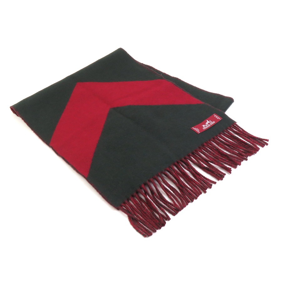 エルメス HERMES マフラー カシミヤ カーキ/レッド ユニセックス e60384a