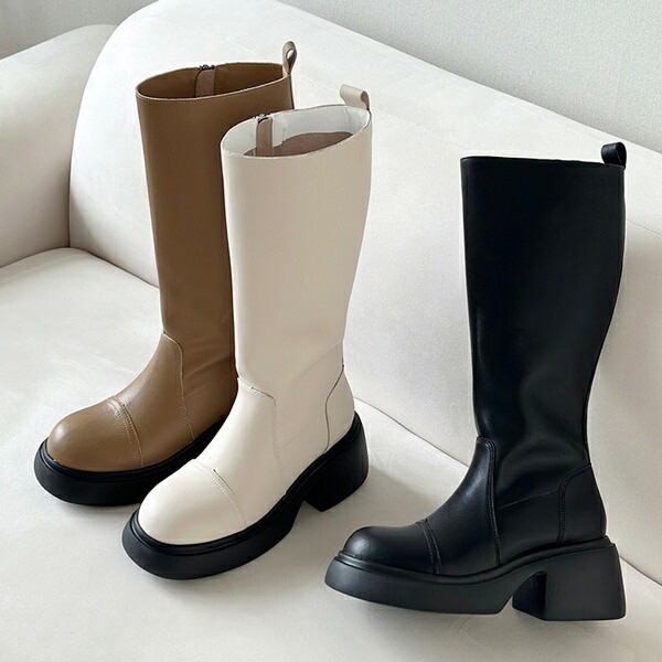 ロングブーツ 天然牛革 サイドジップ ストーム レディース チャンキーヒール 太ヒール 黒 茶 ブラック ブラウン アイボリー 歩きやすい 靴 婦人靴 韓国