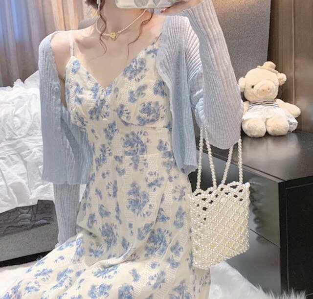 レディース セットアップ ワンピース ミドル丈 花柄 長袖カーディガン 2点セット 膝丈 ノースリーブ Aラインスカート 大人可愛い ママコーデ ママファッション オルチャンファッション トレンド き