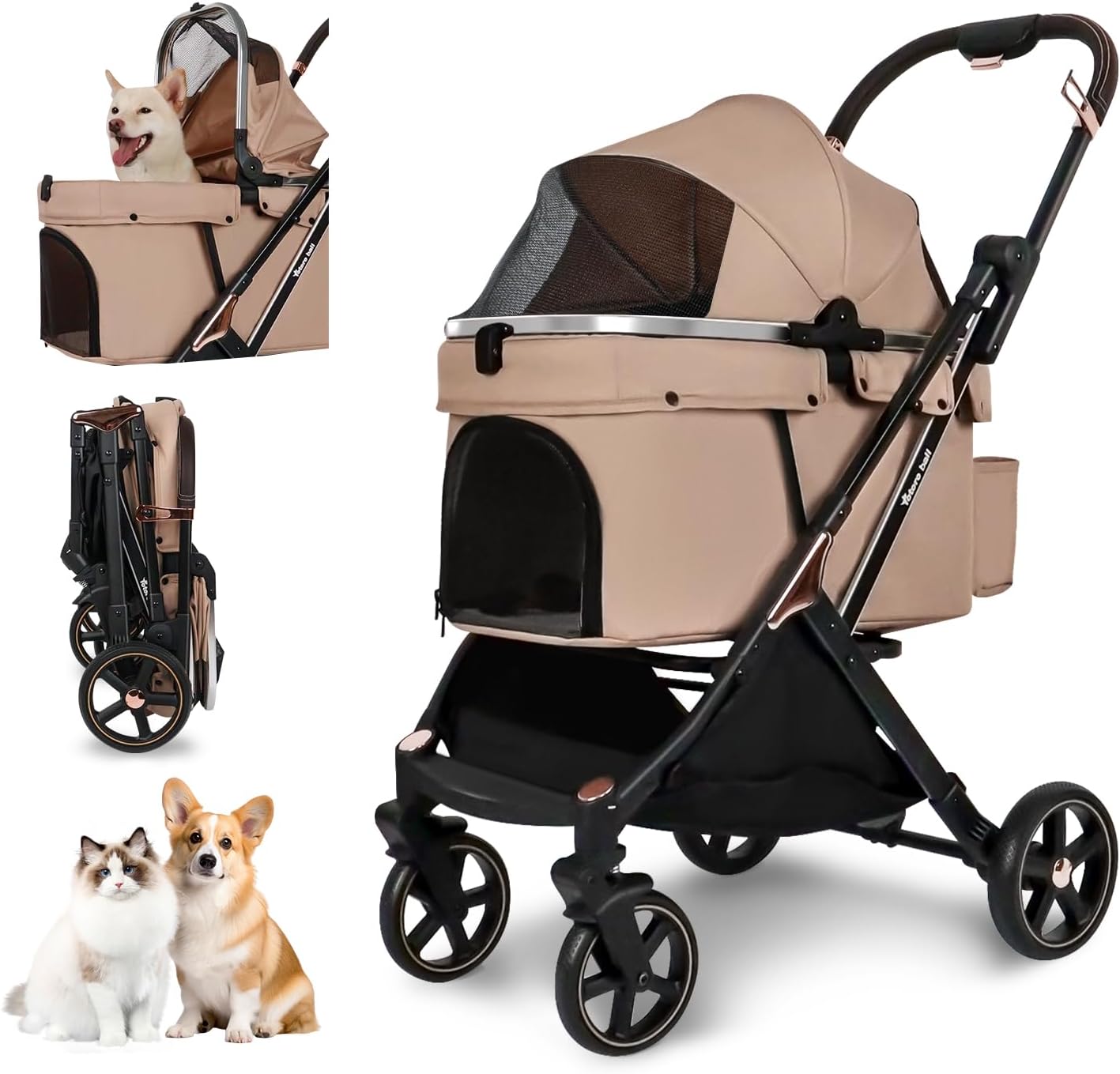 中型犬・小型犬用ペットカート 4輪 耐荷重30kg 飛び出し防止リード付き ワンタッチ折り畳み 自立式 コンパクト収納 ベージュ