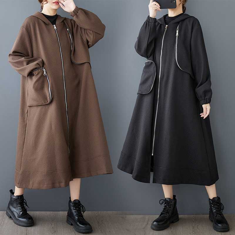 「ファットガール」 2025秋冬新品 トレンチコート ファスナー 大きいサイズ 体型カバー ポケット付き フード付き パーカー ロングコート レディース アウター メガ割