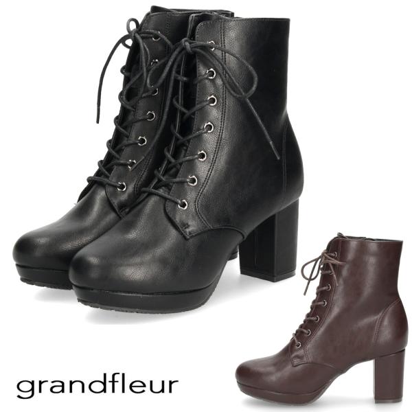 ショートブーツ レディース レースアップ チャンキーヒール サイドジップ ダークブラウン ブラック ZN8001 グランドフルール grandfleur