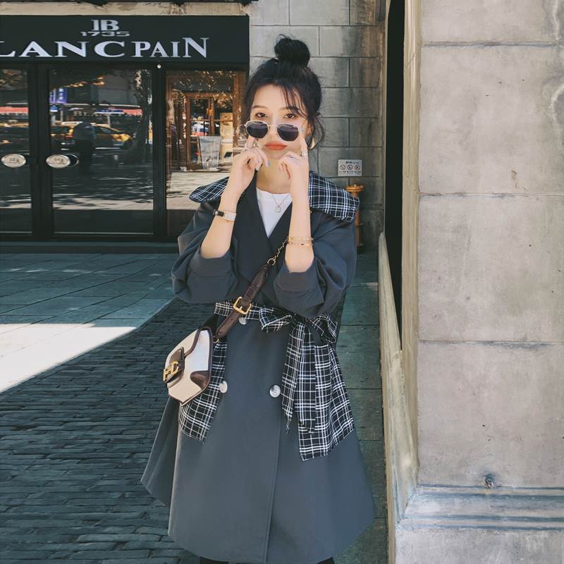 お財布に優しいアウター コートなレディース ミディアムコート ミディアム丈 春 秋 グレー 灰色 無地 チェック柄 長袖 ボタン ダブルブレスト ウエストベルト ウエストリボン ポケット S M L