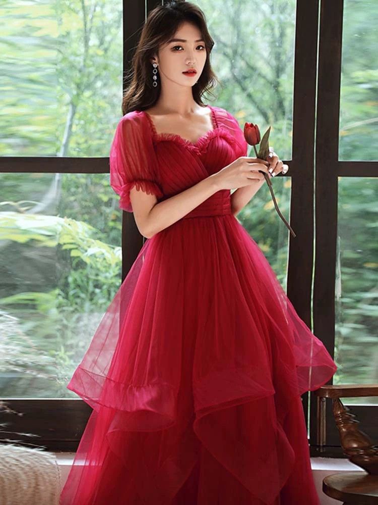 カラードレス ウェディングドレス 結婚式ドレス 半袖ンメトリー ミニドレス（カラードレス）妊婦が着用できる ウェディングドレス 赤 結婚式ドレス マタニティードレス-650