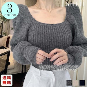 【裕福になる】ラッキーバッグ パフスリーブ ニットトップス レディース 女性 ショート丈 トップス 韓国 リブニット スクエアネック 長袖 プルオーバー ニットソー 上品 清楚 セーター
