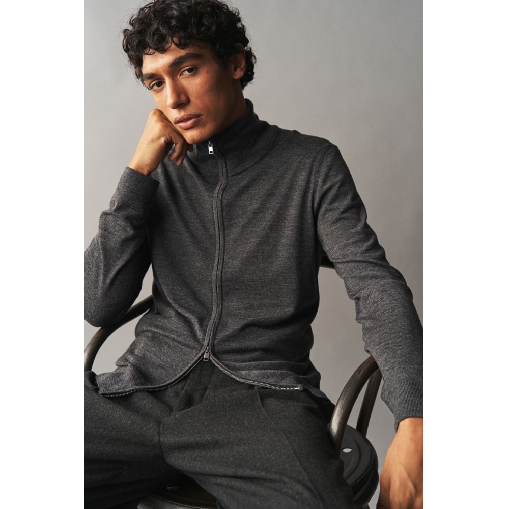 H&M スリムフィットメリノウールジップアップカーディガンダークグレー