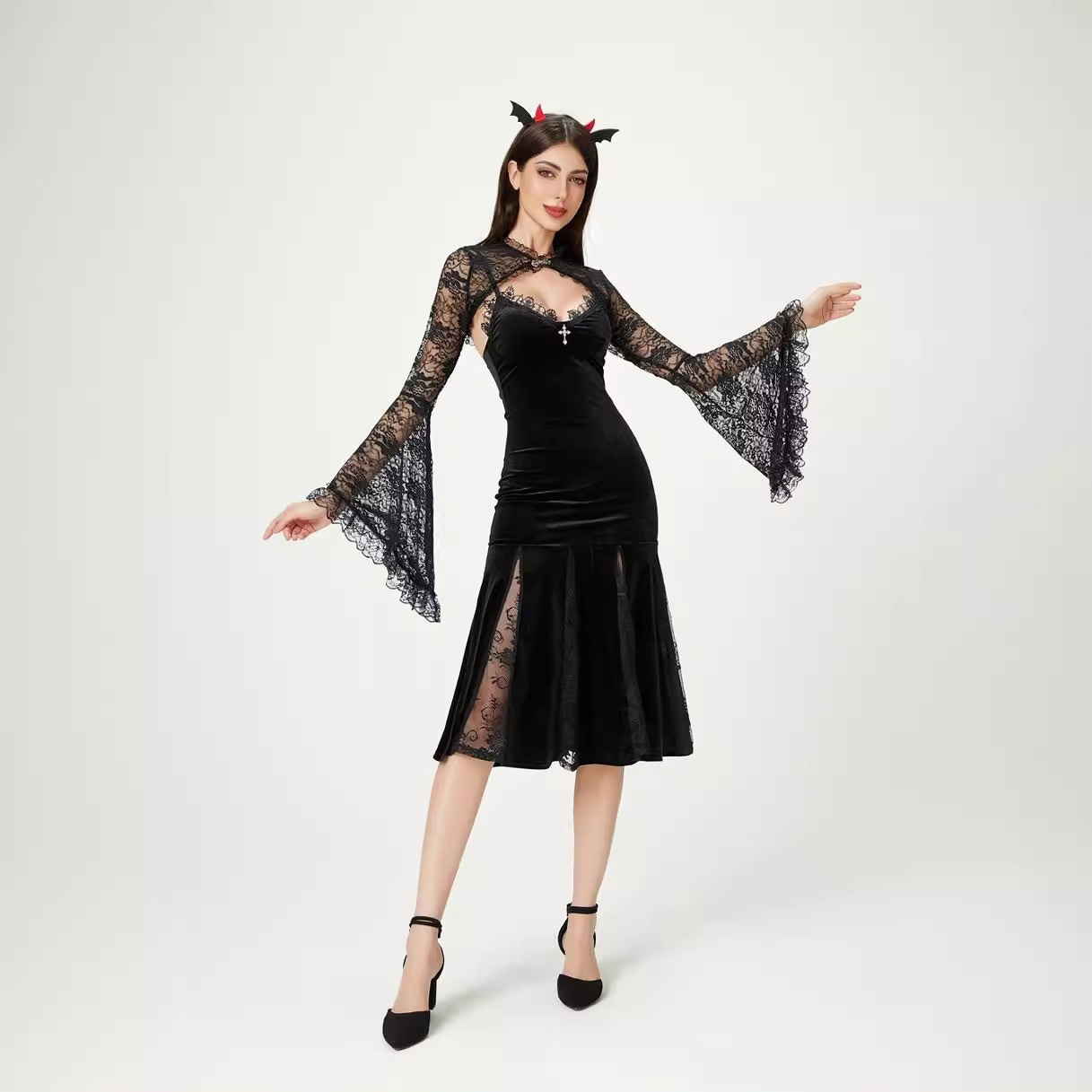 2025 ヨーロッパとアメリカの女性のダークゴシックハロウィンコスチューム黒スリムホットガールレースドレスセクシーなチャイナドレス