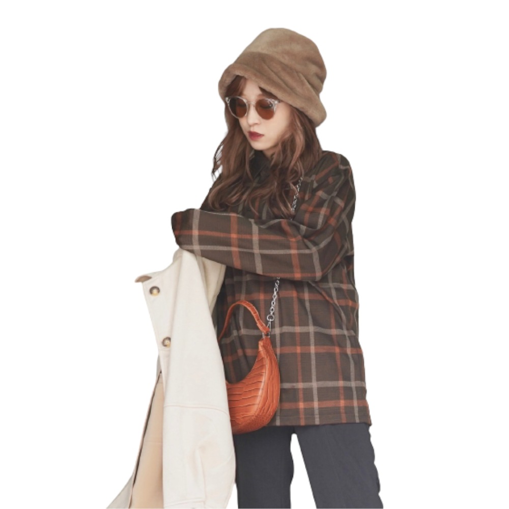 Oversized Check L/S Polo Shirts (brown) A.D.G レディース トップス
