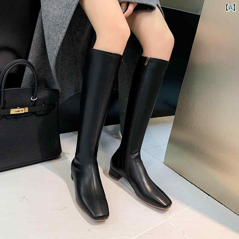 ロングブーツ レディース タイトフィット シンプル おしゃれ スタイルアップ ニーブーツ フレンチ レトロ スクエアトゥ ローヒール ハイナイト ブーツ 秋冬 優しい スリム フラット ブーツ