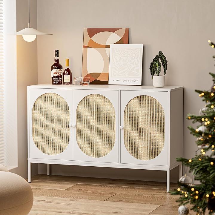 ラタンキャビネット 木製 サイドボード 3扉 チェスト リビングボード ラタン収納棚 アクセント キッチン コンソール テーブル 調節可能な棚付き おしゃれ(ホワイト, 幅120CM)