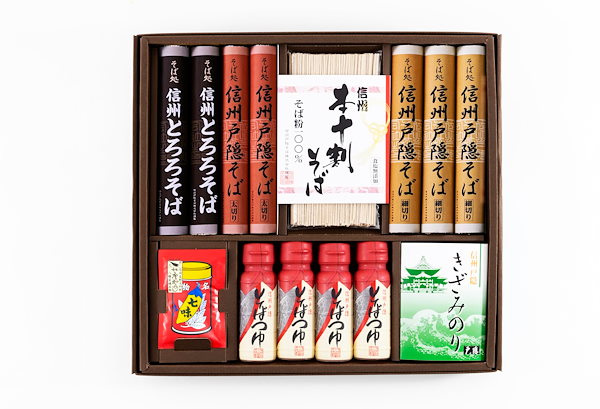 信州戸隠そば 信州戸隠そば詰合せ 細切り 太切り とろろそば 本十割そば つゆ きざみ海苔 八幡屋七味付 ［品番ＨＯ-50Ａ］