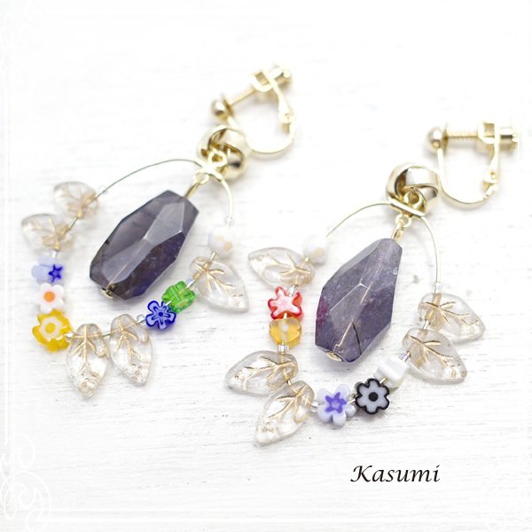 アイオライトとミルフィオリビーズのイヤリング 【Kasumiかすみ】 アクセサリー/作家/ハンド