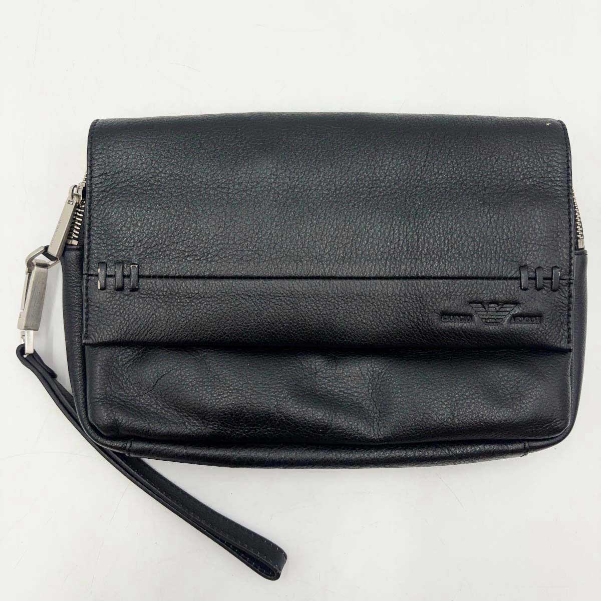 【中古】GIORGIO ARMANI ジョルジオ アルマーニ レザー クラッチバッグ セカンドバッグ ブラック メンズ