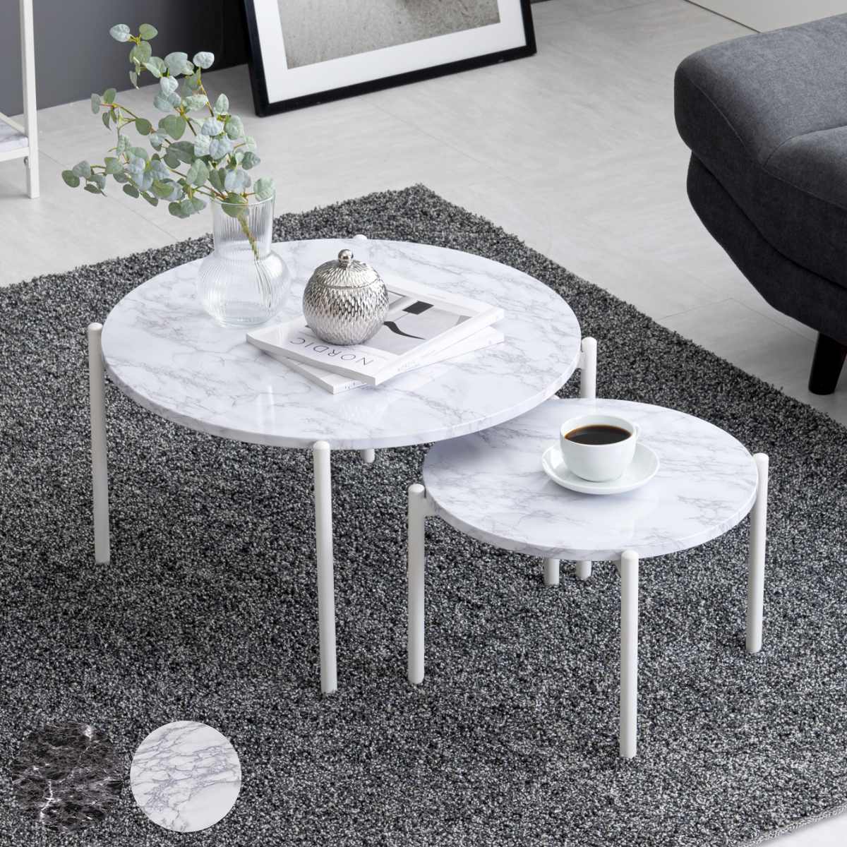 ネストテーブル 大理石調 丸型 2個セット 丸 テーブル センターテーブル ローテーブル サイドテーブル 入れ子 ラウンド リビング おしゃれ スタイリッシュ ブラック ホワイト 白