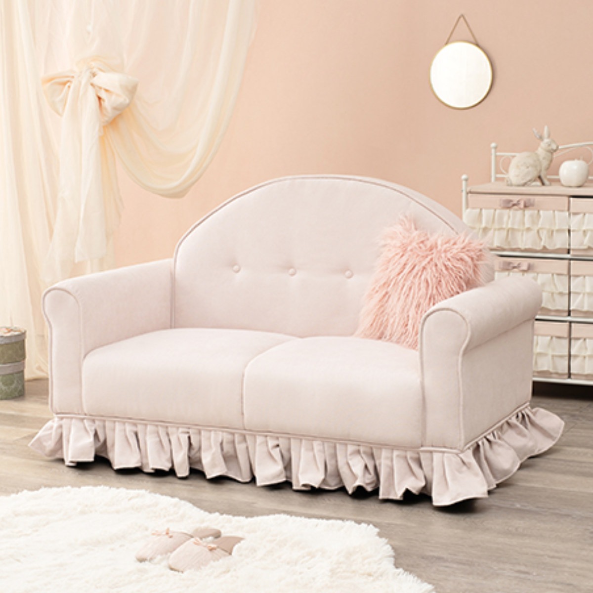 ソファ 二人掛け 幅126cm フリル 姫系 ソファー 2人用 肘付き コンパクト ファブリック かわいい 可愛い おしゃれ ピンク