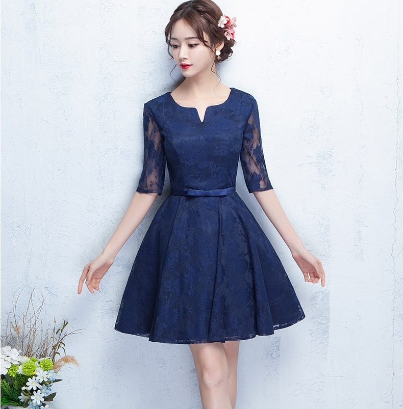 1722.シースルー袖フレアミニドレス（ネイビー）2019 春夏 sale パーティー 結婚式 二次会 イベント レストラン デート 記念日