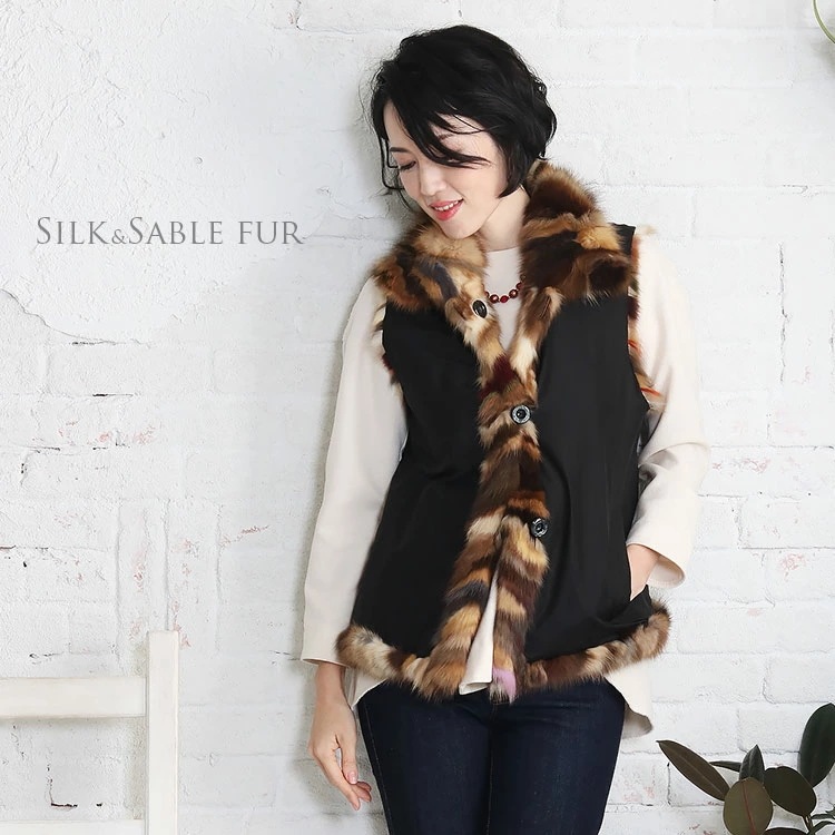 毛皮ファーセーブル＆シルクベストリバーシブルレディースダークブラウン/ブラックL