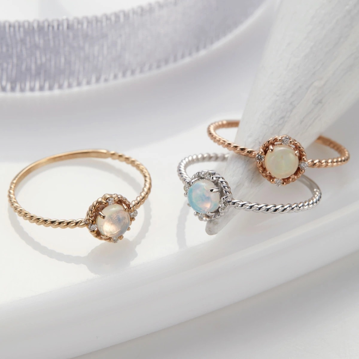 リング K10 オパール ダイヤモンド ワンストーン 一石 4本爪 華奢 細身 細い シンプル