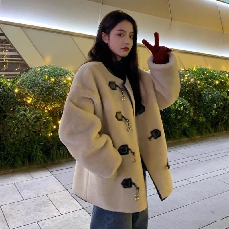 冬新作ラムウールラウンドネックファーコート厚みのあるファーオールインワン模造ラムベルベットトップ30%制限