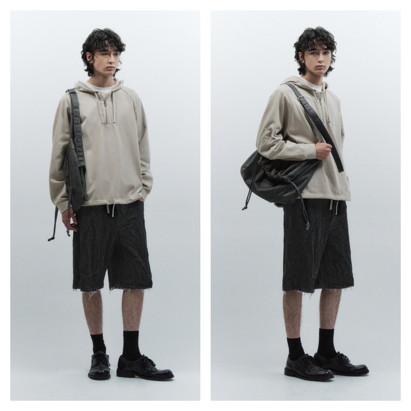 【INSILENCE】 CREASE DENIM HALF PANTS : BLACK