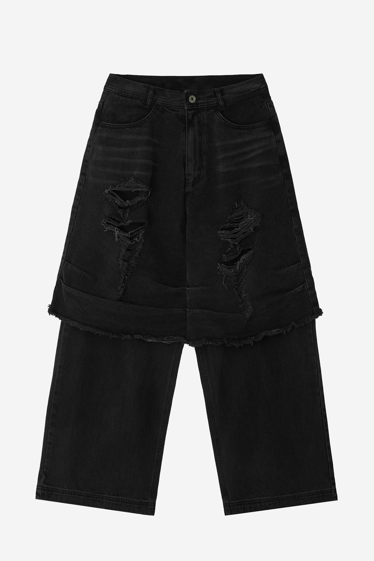 【BLR】 DESTROYED VINTAGE DOUBLE DENIM PANTS : BLACK