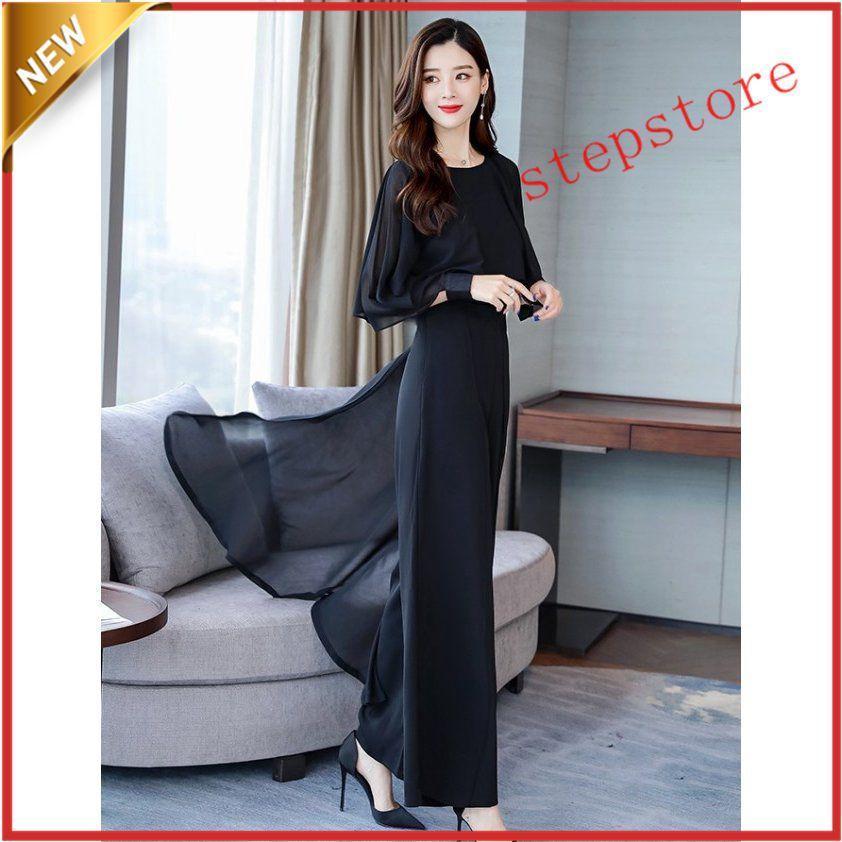 【即納】[] パンツドレス 結婚式 お呼ばれドレス 黒 韓国 パーティードレス セットアップ フォーマル シフォン ワイドパンツ 大きいサイズ 3L 6,439円