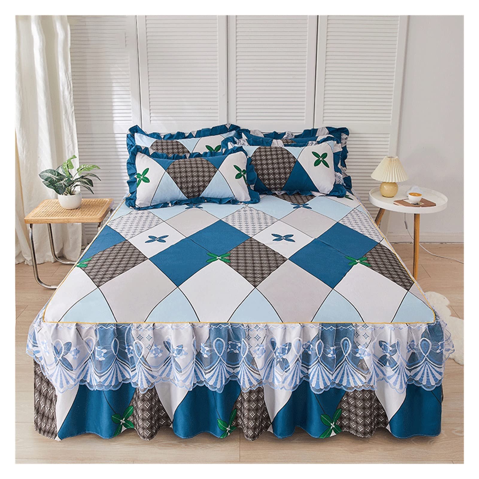 SMEJS 3PCSベッドシートセットユーロリネンレーススカートエラスティックフィットマットレスカバーフルダブルベッドシート枕カバー(180x200cm code)