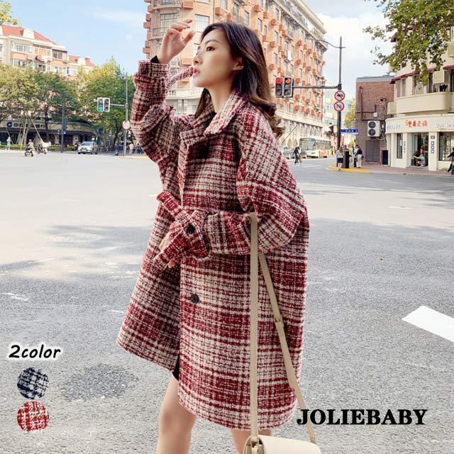 ラシャコート レディース 20代 30代 赤 ブラック チェック柄 ロングコート ツイード お洒落 チェスターコート 冬 アウター コート