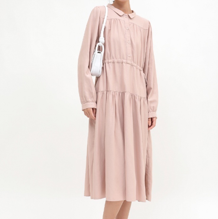 ワンピース フレアワンピース 膝下 ミモレ ミモレ丈 長袖 襟付き スリム 細身 ウエストマーク ウエストゴム かわいい 大人可愛い きれいめ シンプル 上品 おしゃれ お洒落 大人女子 こなれ感